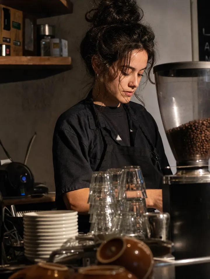 Barista bei der Arbeit, Blick nach unten, halbes Gesicht im Schatten. Erzeugt mit GPT Image 2 und dem Realismus-Prompt.